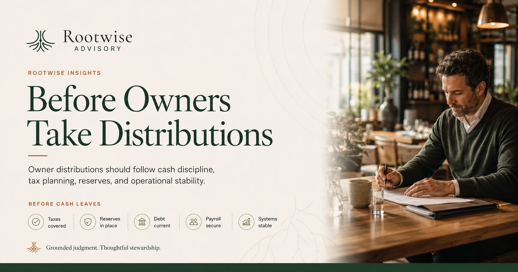 Rootwise Advisory graphic for Before Owners Take Distributions, showing a business owner reviewing cash, reserves, taxes, and financial readiness.